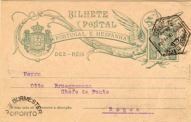 0371 f.jpg -     Lote:    371 (frente)                   Descrição:         1905 &mdash; D. Carlos I Mouchon. Legenda PORTUGAL E HESPANHA. OM41, 10 reis verde-azul. Circulado do Porto (19.07.06) para a Régua (20.07.06). Repicado no verso por "J. W. BURMESTER / OPORTO".        IC       Valor Base:     &euro; 12,00     Valor Venda:     &euro;      